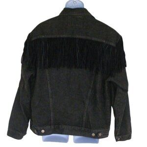 Vintage Denim Jacket, L, Black Wrangler, Suede Fringe across back, Button front